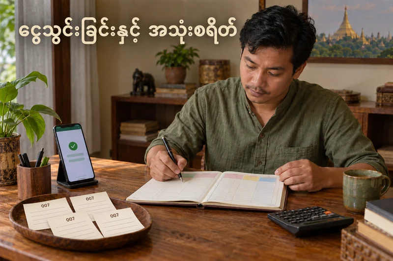 ထီလက်မှတ်နှင့် ငွေလွှဲစာရင်းကို သီးခြားဖတ်နေသော သရုပ်ဖော်ပုံ။