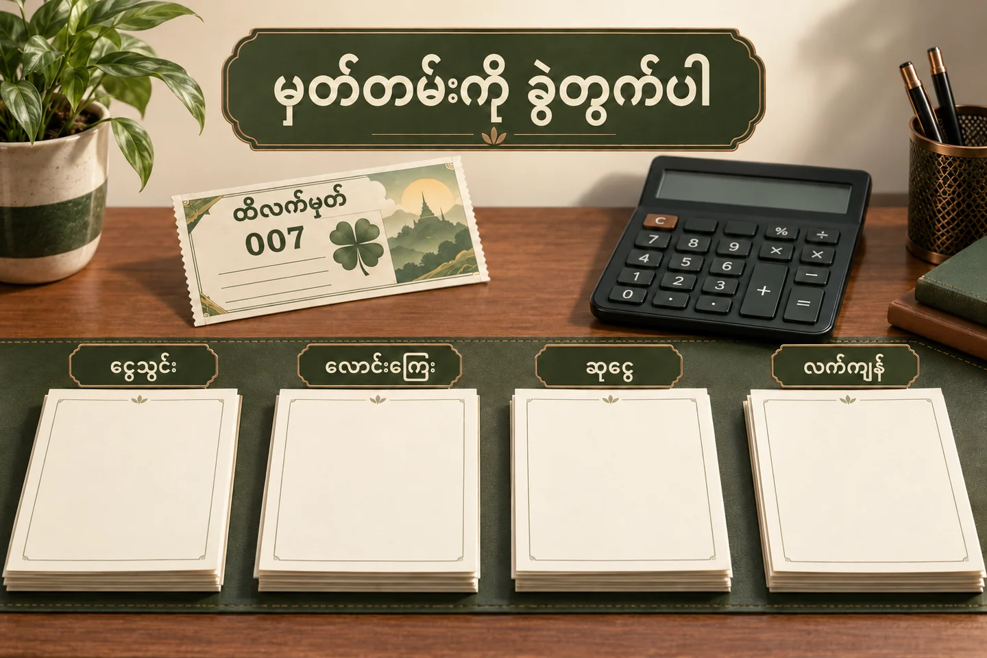 ငွေသွင်း၊ လောင်းကြေး၊ ဆုငွေနှင့် လက်ကျန်မှတ်တမ်းကို ခွဲပြထားသော သရုပ်ဖော်ပုံ။