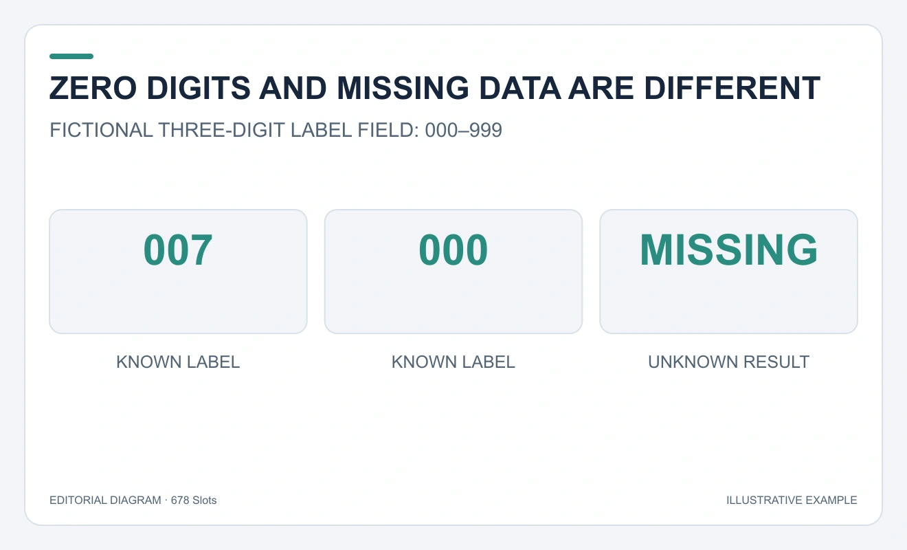 Known label 007, known label 000 and a separate missing-result state appear in three distinct boxes.