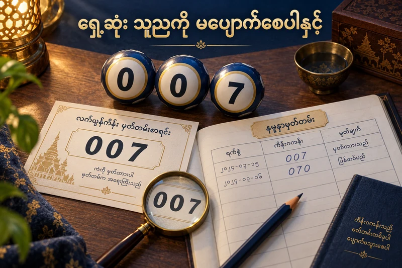 သုညနှစ်လုံးနှင့် 7 ပါသော ထီဘောလုံး၊ 007 ရေးထားသော နမူနာမှတ်တမ်း