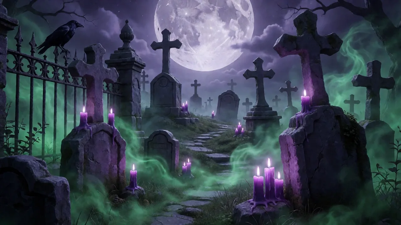 လရောင်အောက်ရှိ မြူဆိုင်းနေသော gothic သင်္ချိုင်း၊ ကျောက်လက်ဝါးကပ်တိုင်များ၊ ခရမ်းရောင် ဖယောင်းတိုင်များနှင့် သံတိုင်ပေါ်ရှိ ကျီးကန်း