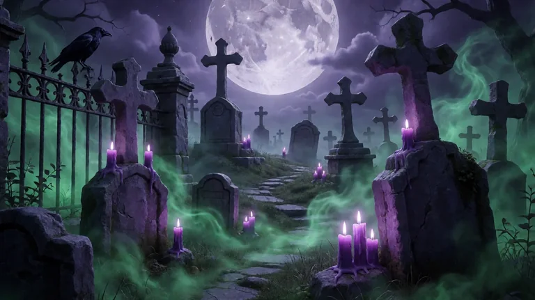 လရောင်အောက်ရှိ မြူဆိုင်းနေသော gothic သင်္ချိုင်း၊ ကျောက်လက်ဝါးကပ်တိုင်များ၊ ခရမ်းရောင် ဖယောင်းတိုင်များနှင့် သံတိုင်ပေါ်ရှိ ကျီးကန်း