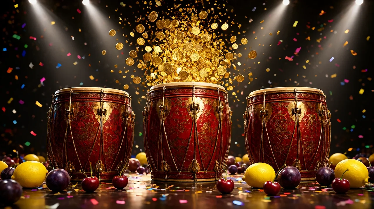 ဇာတ်စင်ပေါ်ရှိ အနီနှင့် ရွှေရောင် ဗုံကြီး သုံးလုံး၊ အပေါ်တွင် ရွှေဒင်္ဂါးများ လွင့်ပျံနေပြီး ချယ်ရီ၊ သံပုရာ၊ ဆီးသီးများ ပြန့်ကျဲနေသော ပုံ